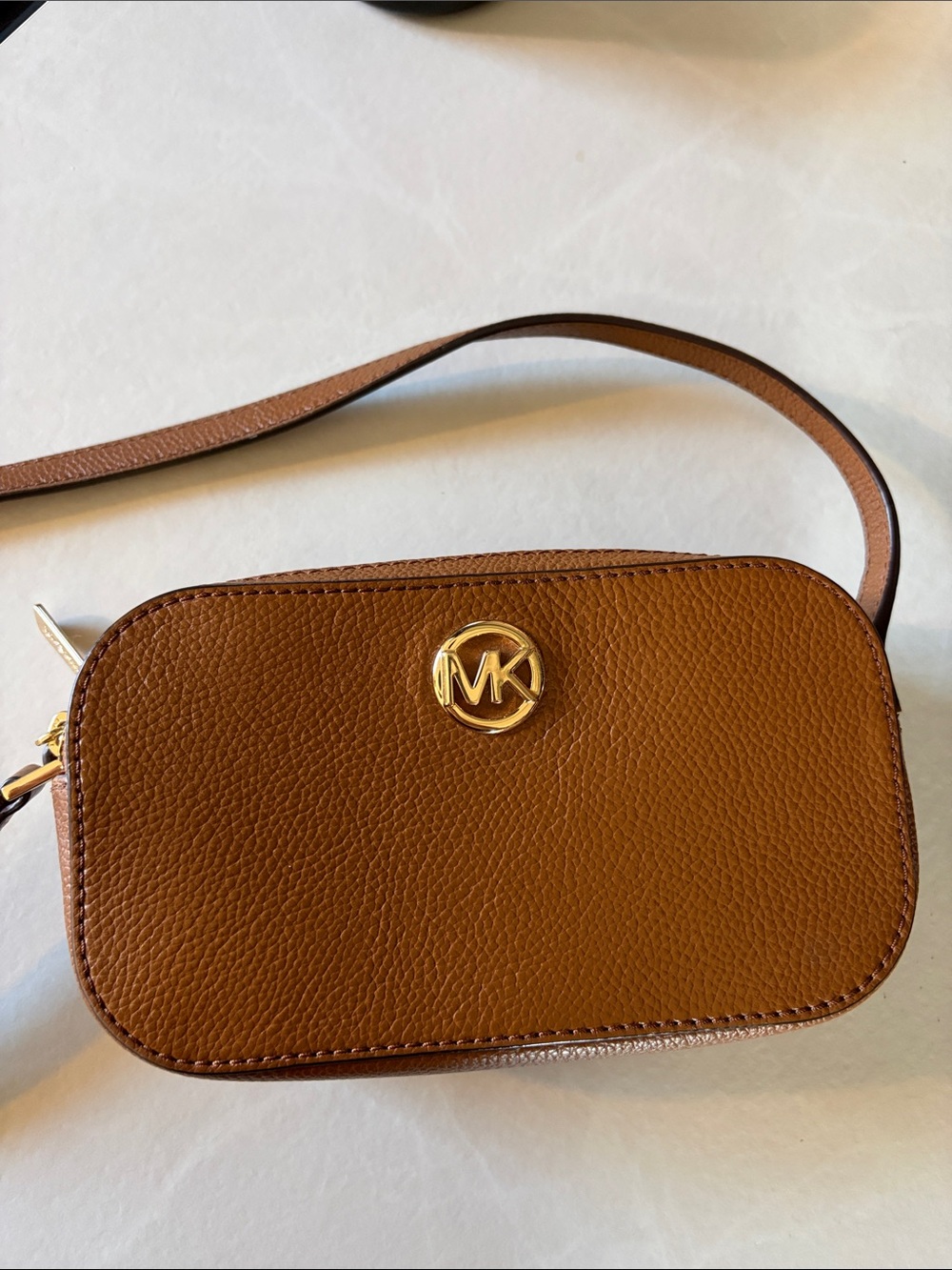 Michael Kors Brown Pebbled Leather Crossbody Camera Bag with Gold Hardware